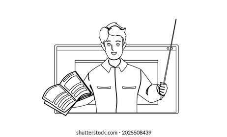 Teacher Explain Subject Theme From Laptop Black Line Pencil Drawing Vector. Young Man Teacher Explaining And Teaching Children Lesson From Computer Screen. Character Remote Education Illustration