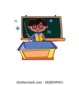 Teacher explain a theory in front of class with board