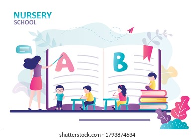 Teacher explaining alphabet to children. Concept of nursery school. Kids sit at desk and gain new knowledge. Kindergarten pupils with female tutor in classroom.Banner template.Flat vector illustration