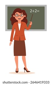 Professor explicando aritmética básica na aula de matemática. Personagem de desenho animado de professora feminina em estilo plano sobre fundo branco.