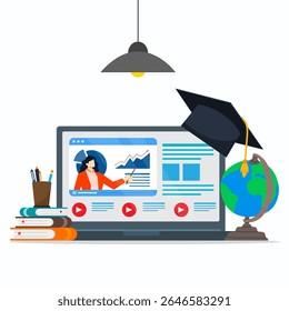 Um professor explicando lições de crescimento empresarial sobre aprendizagem de vídeo na tela do laptop com grande ícone da tampa da graduação, globo, ferramentas de estudo e livros. Conceito de educação online.