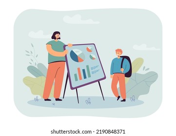 Teacher explaining business plan or statistics to student. Woman showing presentation to schoolboy flat vector illustration. Education, financial literacy concept for banner or landing web page