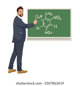 Teacher explaining chemical formula on chalkboard. Vector illustration