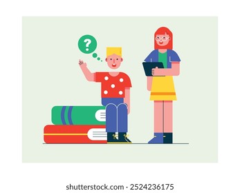 The teacher is explaining to a child boy, homeschooling. Character design. Vector flat illustration