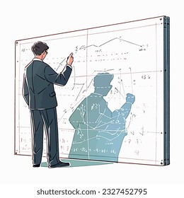 A teacher explaining a complex equation on the blackboard, vector illustration