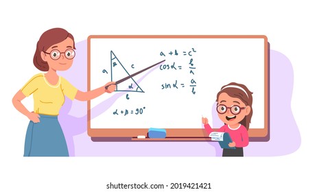 Teacher explaining geometry to student kid. Woman teaching girl trigonometry lesson showing formulas on whiteboard with pointer. Smiling child answering question flat vector character illustration