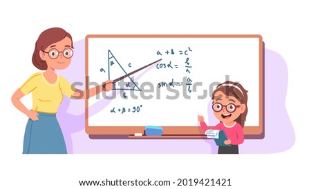 Teacher explaining geometry to student kid. Woman teaching girl trigonometry lesson showing formulas on whiteboard with pointer. Smiling child answering question flat vector character illustration