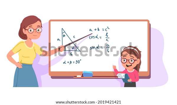 Teacher explaining geometry to student kid.\
Woman teaching girl trigonometry lesson showing formulas on\
whiteboard with pointer. Smiling child answering question flat\
vector character\
illustration