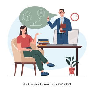 A teacher explaining geometry to a student sitting in a chair, with a laptop and books on the desk. Flat style, white background. Concept of education. Vector illustration