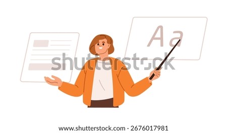 Teacher explaining lesson. Female lecturer holding pointer, teaching during seminar, lecture, training class. Education, knowledge concept. Flat vector illustration isolated on white background