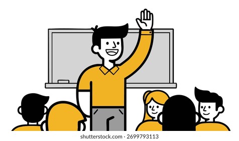 Professor explicando a lição em frente à sala de aula com a ilustração dos alunos em design plano mínimo.