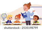 Teacher explaining lesson, introducing the subject to kids, gives a lecture. Pupils in school class listen to teacher. Primary school kids. Classroom with pupils and teacher.