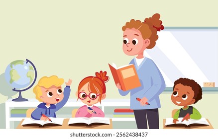 Teacher explaining lesson, introducing the subject to kids, gives a lecture. Pupils listen to teacher. Classroom with pupils and teacher.  student raised hand to answer question, wants answer question