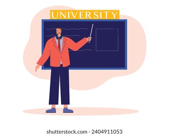 Teacher explaining a lesson on the university blackboard, during class time. Character design. Vector flat illustration
