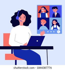 Teacher explaining lesson online via video call. Children, kid, school flat vector illustration. Communication and digital technology concept for banner, website design or landing web page