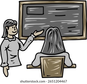 Profesor que explica la lección al estudiante en la ilustración de la pizarra