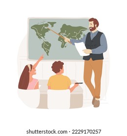 Teacher explaining map isolated cartoon vector illustration. Middle school history curriculum, teacher explaining battle map hanging on the wall, ancient culture, migration vector cartoon.