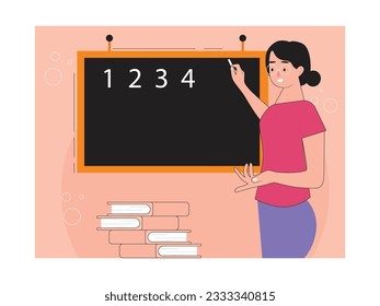 El profesor está explicando los números en la pizarra, primera escuela. Explicando la lección de matemáticas con libros de estudiantes apilados. Vector de diseño. Ilustración plana