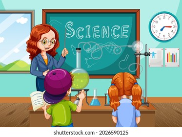 Profesor explicando experimentos científicos a los estudiantes en la ilustración en aula