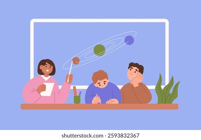 Teacher explaining solar system to students in classroom. Flat illustration of astronomy lesson with planetary orbits on whiteboard. Education and learning concept.