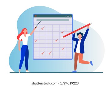 Teacher explaining task. Student passing test, drawing ticks in matrix flat vector illustration. Education, class, lesson concept for banner, website design or landing web page