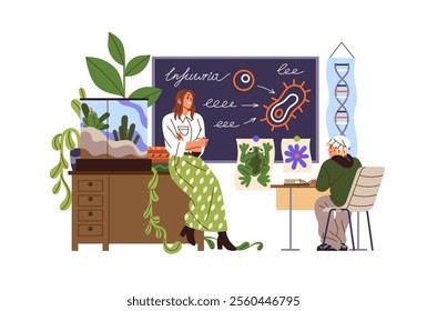 Teacher explains animals' anatomy near blackboard in classroom. Student studies, learning biology in science class. Woman teaches at school. Flat isolated vector illustration on white background