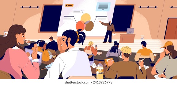 Teacher explains course to audience. Professor presenting lecture to people in auditorium. Students study, writing notes, chatting in university classroom. Public performance. Flat vector illustration