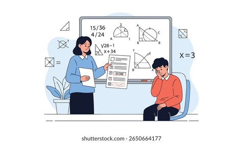 Um professor explica um problema de matemática difícil para um aluno em dificuldades num ambiente de sala de aula com um quadro branco cheio de equações