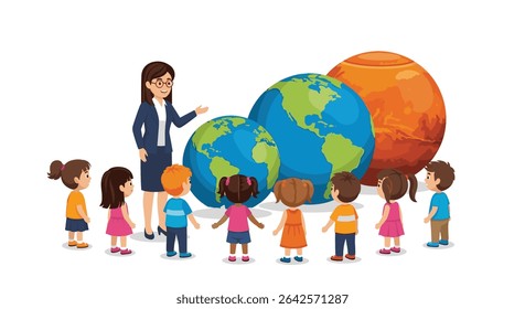 Teacher Explains Earth to Students A Colorful Illustration of Elementary School Education