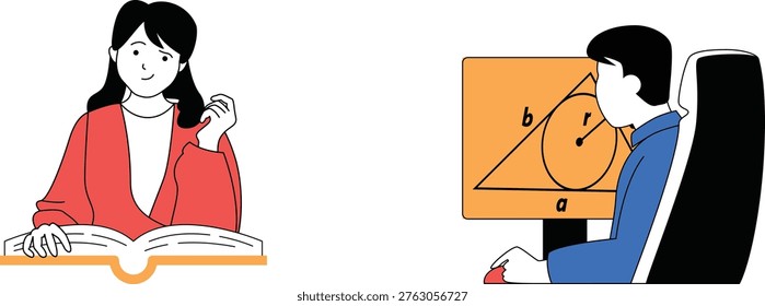A teacher explains geometry involving a circle inscribed in a right triangle to a student attentively listening