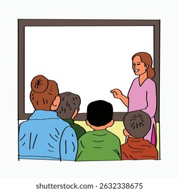 El profesor explica a sus alumnos delante de la clase. Ilustración de estilo de dibujos animados