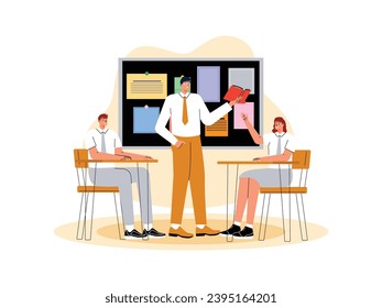 The teacher explains historical material and invites students to ask questions, school vector illustration.