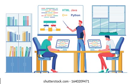 Teacher Explains how Work in different Programs. Teacher Tells two Students about Programming Systems. Guys Take Courses and Perform Practical Task on Computers. Vector Illustration.
