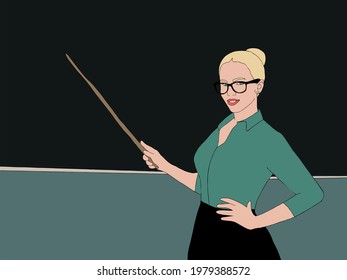 
The teacher explains the lesson at the blackboard.
Vector illustration with background.
