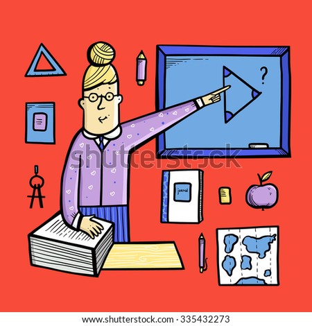 The teacher explains the lesson doodle icons set. Vector illustration.