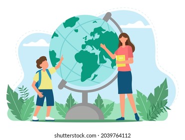 The teacher explains the lesson. Learning, boy in geography lesson. Student internship or tutor. Vector illustration in flat style