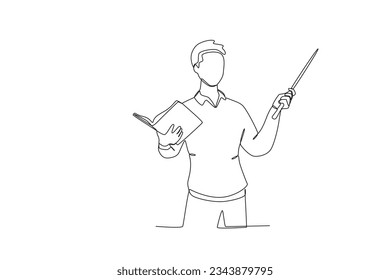 A teacher explains a lesson while holding a book. World teacher day one-line drawing