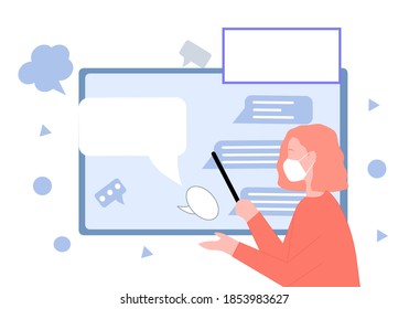 El profesor explica el concepto material de la educación en línea, una gráfica vectorial