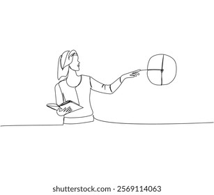 teacher explains material, diagram, mathematics, economics one line art. Continuous line drawing of online