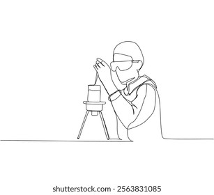 the teacher explains the material, mixes the chemical reagents, the student takes the exam one line art. Continuous line drawing of online knowledge, learning, education, teaching, student life