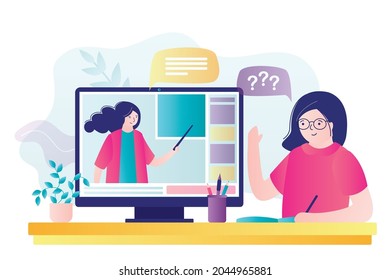 Teacher explains material on online lesson. Student raised hand to ask question at conference. Concept of e-learning and homeschooling. Cute girl studying remotely at home. Flat vector illustration