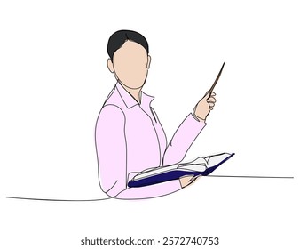 The teacher explains the material, points with a pointer one line color art. Continuous line drawing of online knowledge, learning, education, teaching, solving problems, student life