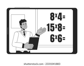 Teacher explains math bw concept vector spot illustration. Man show math exercises on blackboard 2D cartoon flat line monochromatic character for web UI design