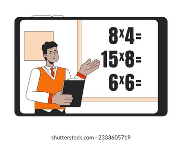 Teacher explains math flat line concept vector spot illustration. Man show math exercises on blackboard 2D cartoon outline character on white for web UI design. Editable isolated colorful hero image