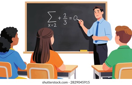 Teacher explains a math problem to diverse students sitting at desks in a bright modern classroom setting