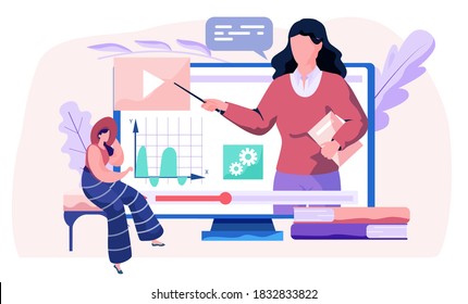 Teacher explains physics. A woman lecturer leads a distance lesson explains graphs to the student. Learning tutorial in internet, idea of remotely education and knowledge. Modern technologies