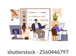 Teacher explains programming to pupils in computer science class. Programmer teaches kids to write code at school. Students learning, study in classroom. Flat isolated vector illustration on white