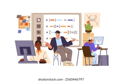 Teacher explains programming to pupils in computer science class. Programmer teaches kids to write code at school. Students learning, study in classroom. Flat isolated vector illustration on white