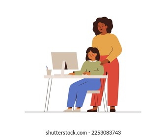 Teacher explains something to her pupil. School child performs the task using a computer. E-learning concept. Mother talk to her daughter and help to do homework. Vector illustration