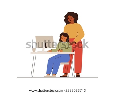 Teacher explains something to her pupil. School child performs the task using a computer. E-learning concept. Mother talk to her daughter and help to do homework. Vector illustration